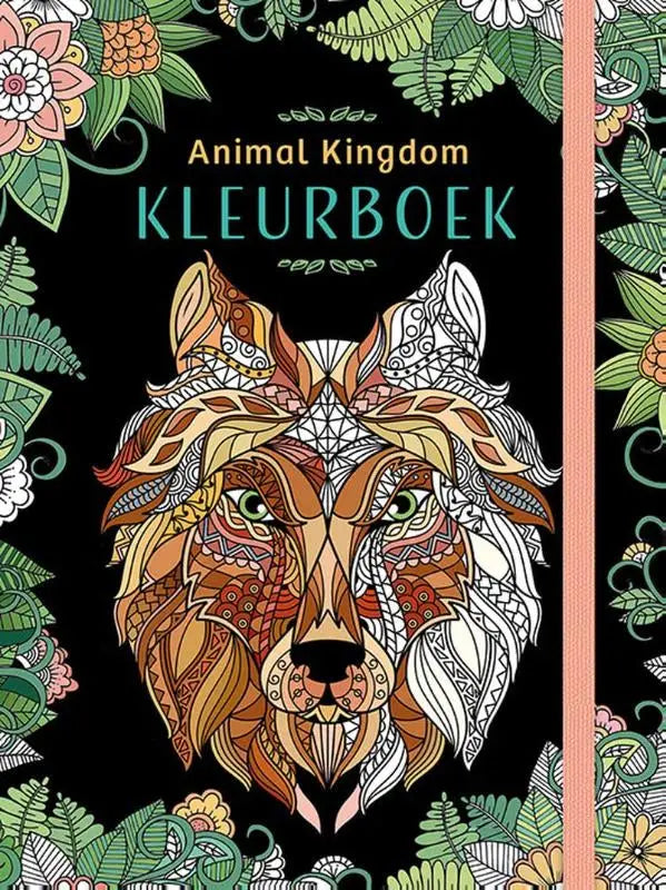 A beautifully illustrated animal kingdom kleurboek featuring a detailed ornate wolf face in warm earth tones