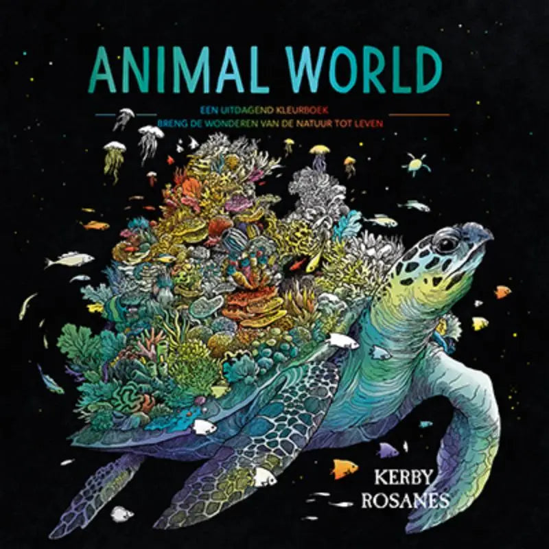 Een uitdagend kleurboek animal world met een kleurrijke illustratie van een zeeschildpad en koraal op de omslag