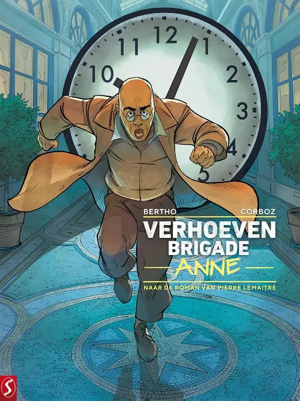 Een cartoon man in een bruine jas en bril rent met een alarmistische uitdrukking voor een grote witte klok op anne product