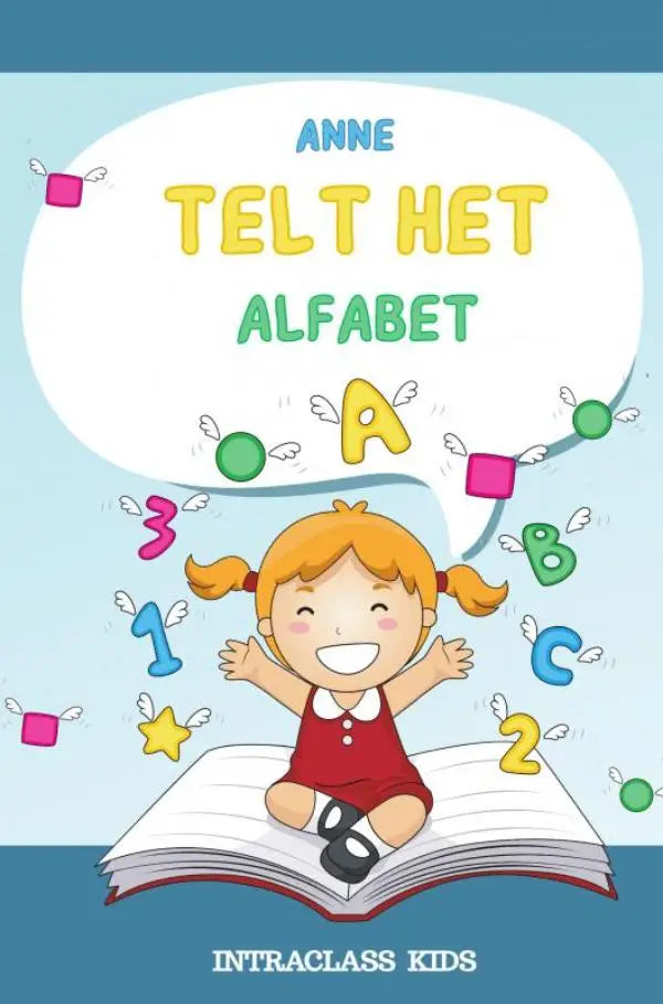 Een vrolijk meisje met oranje staartjes zit op een open boek met letters en cijfers in anne telt voor jonge lezers