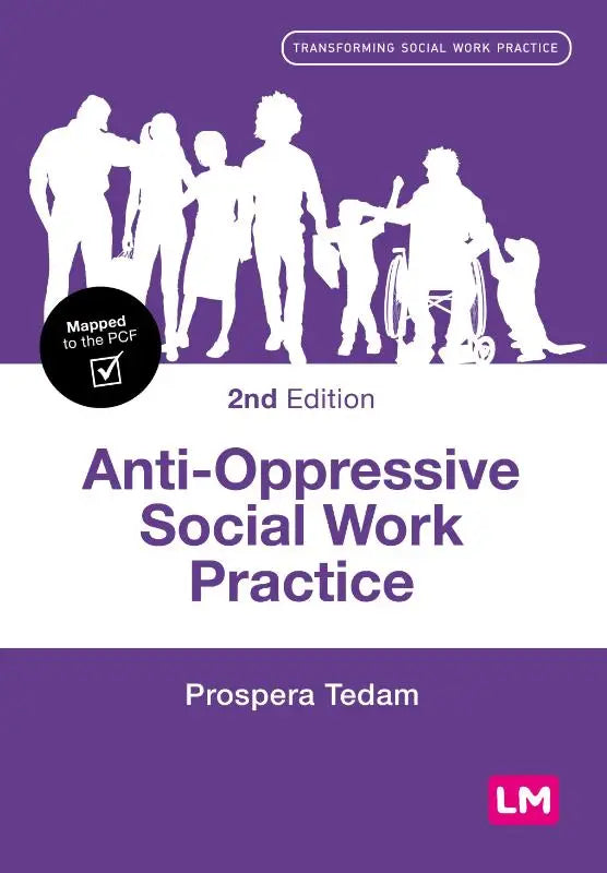 Paarse boekomslag van anti-oppressive social work practice met witte silhouetten van diverse mensen en een hond