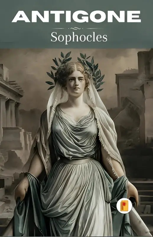 De cover van het boek antigone van sophocles toont een klassieke illustratie van een vrouw in een grijze jurk met groene lauwerkrans en sluier
