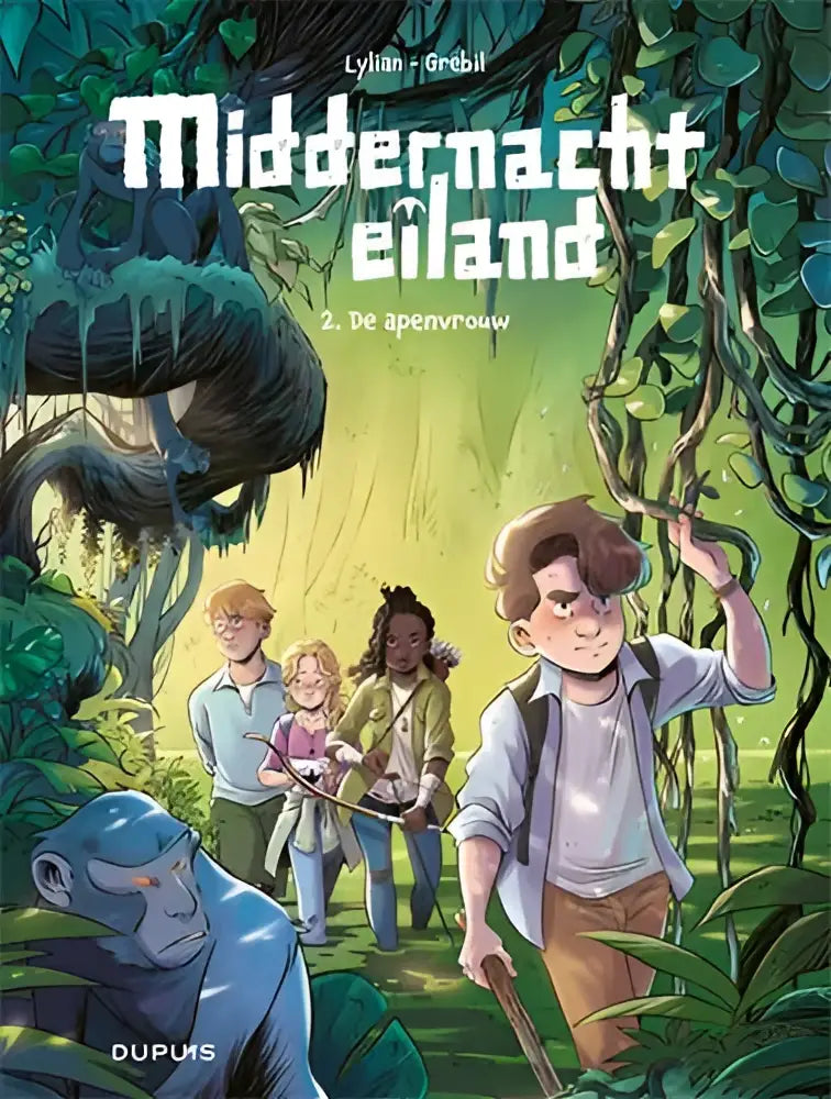 De apenvrouw kinderenboekcover met levendige junglescène en vijf personages voor jonge lezers