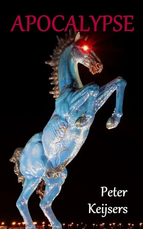 Een opvallend blauwe glanzende beeldhouwwerk van een oprijzend paard met gloeiende rode ogen en gouden accenten apocalypse