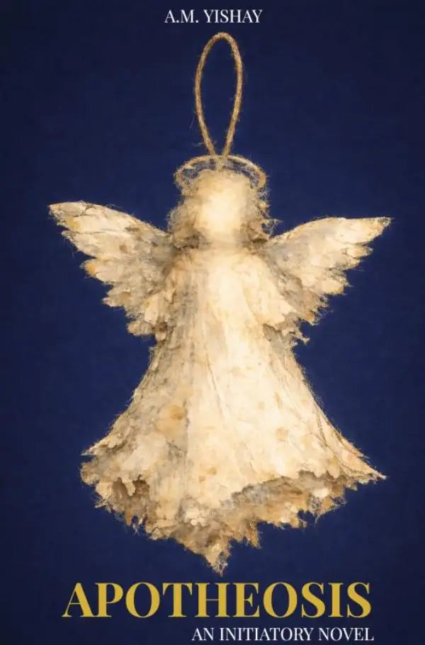 A handmade off-white angel ornament made from textured fabric with frayed edges and twine loop for the initiatory novel apotheosis