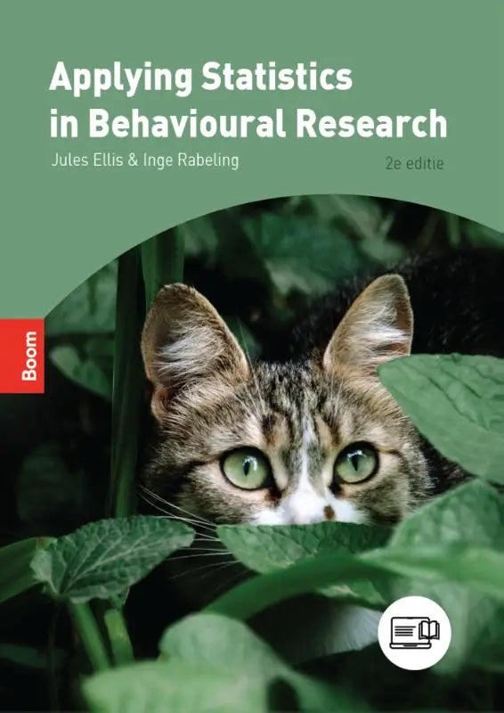 Green eyed tabby cat peeking through lush foliage illustrating applying statistics in behavioural research by inge rabeling