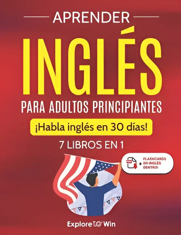 Rood-witte boekomslag voor adultos met gele tekst aprender inglés en Amerikaanse vlag voor engels para adultos leren