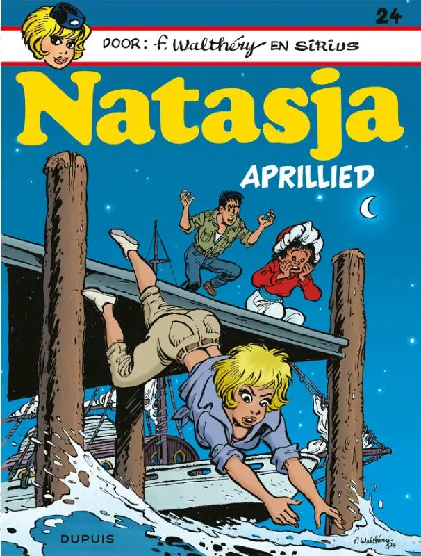 Vitale gele titel natasja op blauwe aprillied cover met françois walthéry strips algemeen cartoonfiguren in actie
