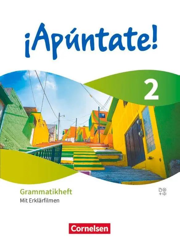 Vibrante kleurrijke straat scène op de cover van het ¡apúntate band 2 grammatikheft mit erklärfilmen van cornelsen