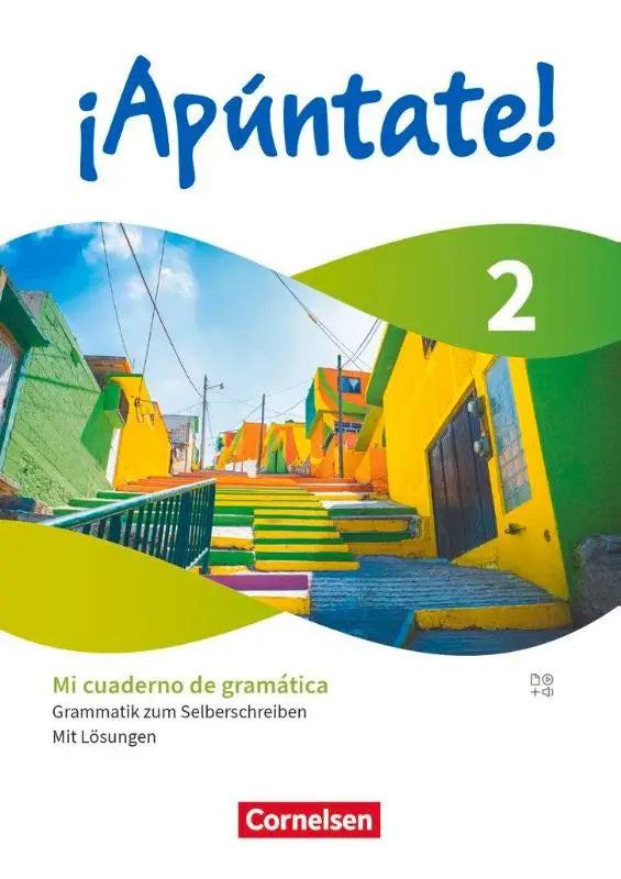 De cover van de ¡apúntate! 2 grammatica workbook toont een kleurrijke straat met uitlegfilmpjes en oplossingen