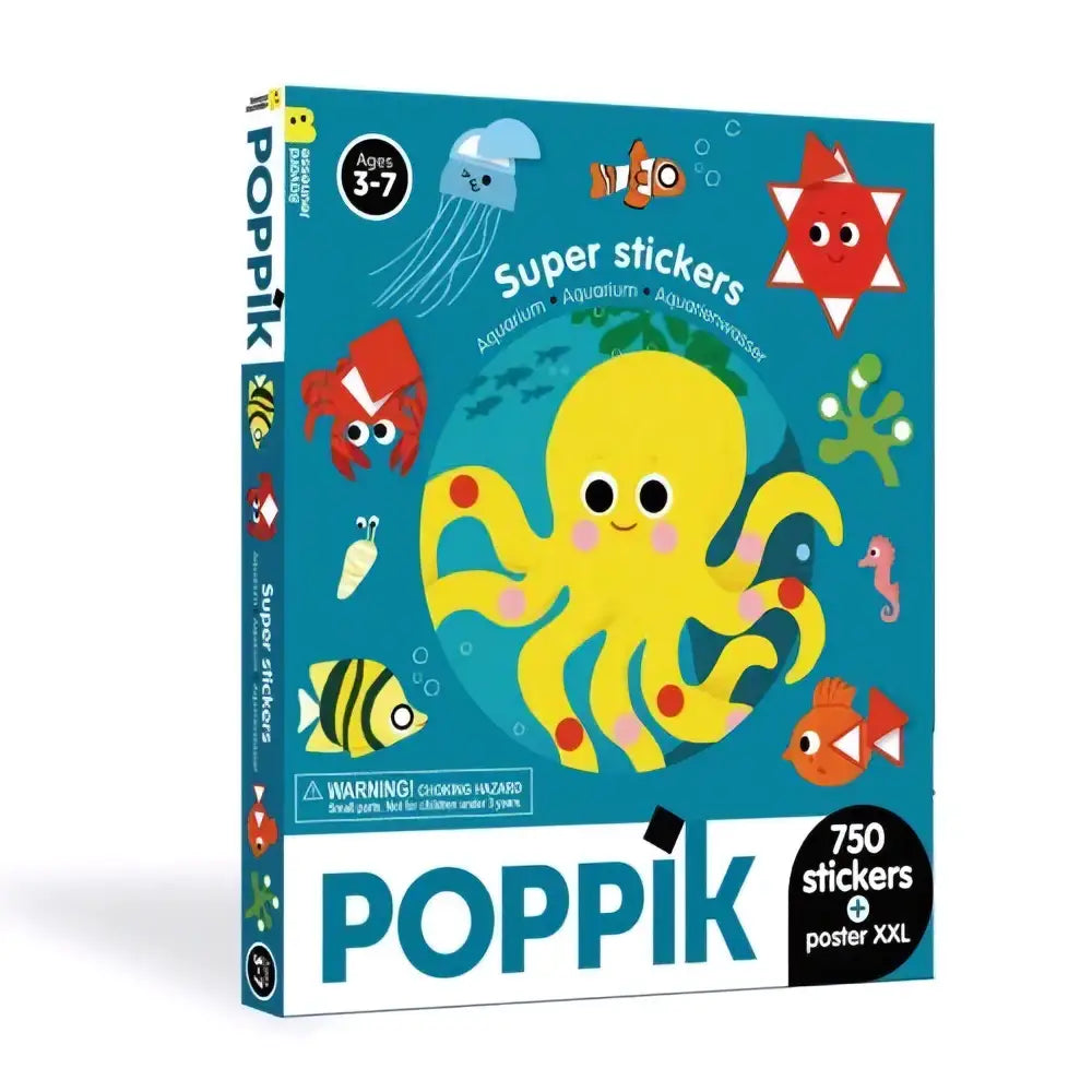 Aquarium bright yellow octopus-themed sticker pack with 750 stickers and poster for ages 3-7 by charlotte roederer poppik stickerdoosjes