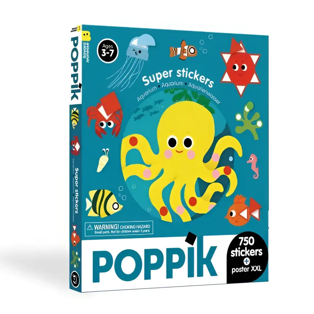 Bright yellow octopus aquarium sticker pack with 750 colorful sea creature stickers and xxl poster on teal background