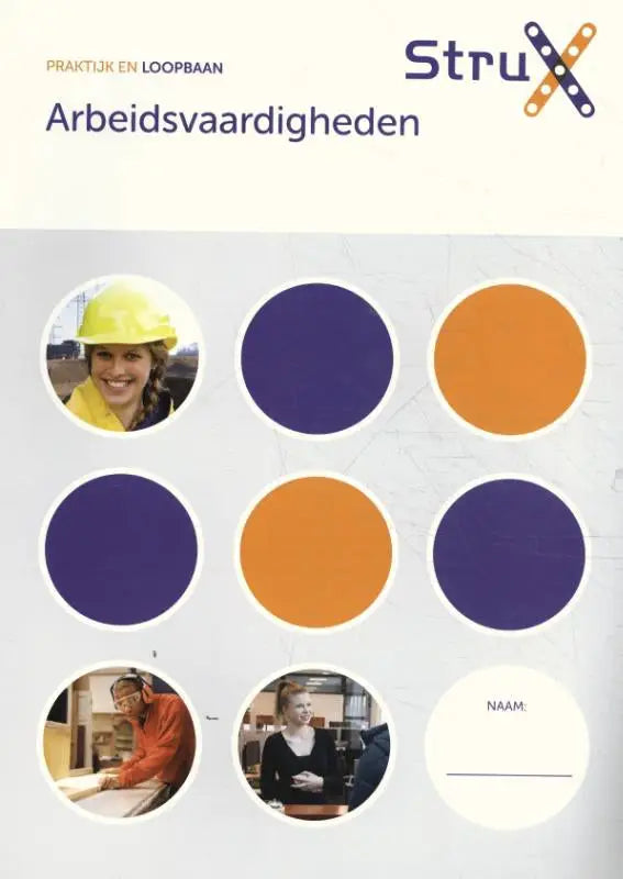 Cover van een arbeidsvaardigheden strux werkboek met paarse en oranje cirkelvormige afbeeldingen en kleurstalen