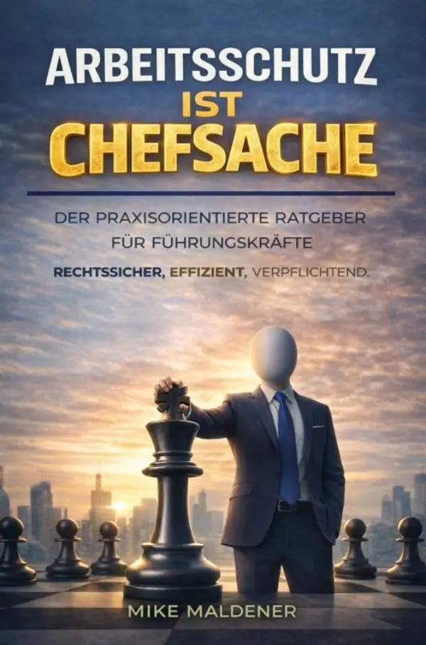 De boekcover van arbeitsschutz ist chefsache toont geel-witte tekst tegen dramatische lucht met man en schaakstuk