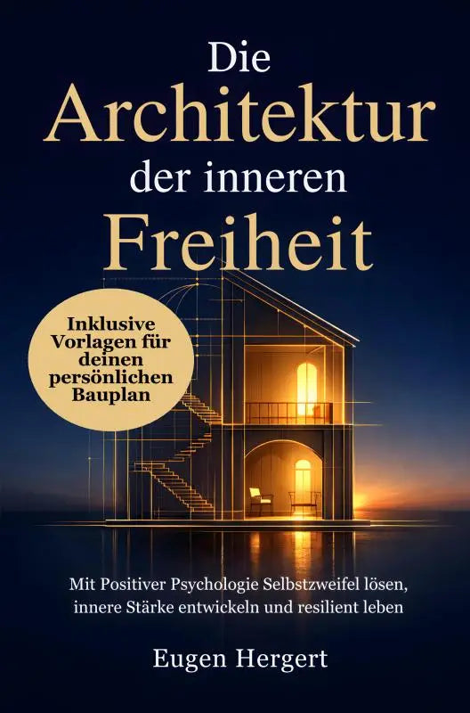 De boekomslag toont een modern twee verdiepingen tellend huis met warme verlichting en blauwdrukken over inneren freiheit en positiver psychologie selbstzweifel