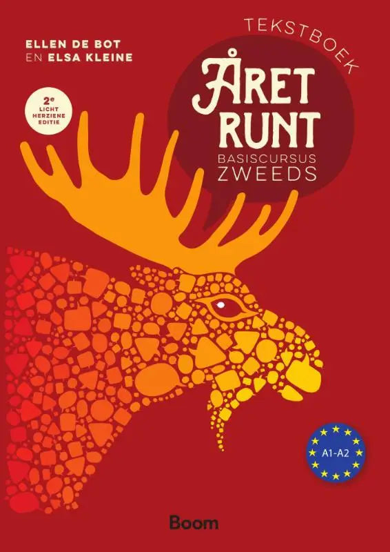 Vibrant rood textbook cover with stylized moose in geometric patterns titled aret runt tekstboek basiscursus zweeds a1-a2