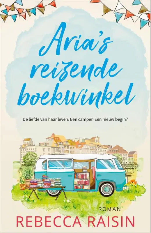 Lichte blauwe vintage camper van met open deuren en boekenplanken arias reizende boekwinkel buiten bij tafel met boeken