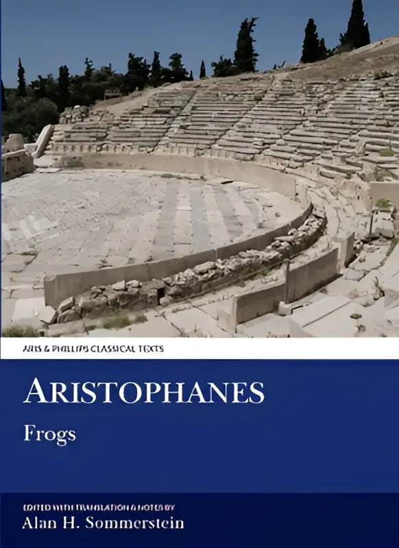 De boekcover toont aristophanes frogs in witte serif op diepblauwe achtergrond uit de aris & phillips klassieke teksten serie