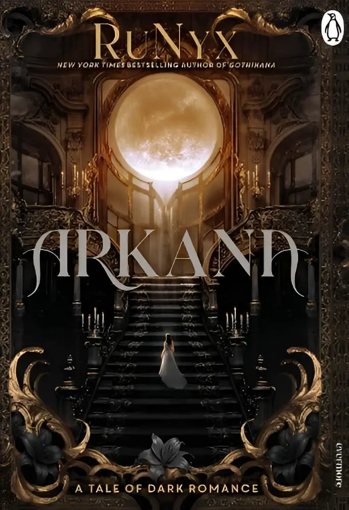 De ornate boekomslag van arkana toont zilveren letters tegen een donkere gothic achtergrond met gouden accenten en maanlicht, perfect voor intense romantische fictie