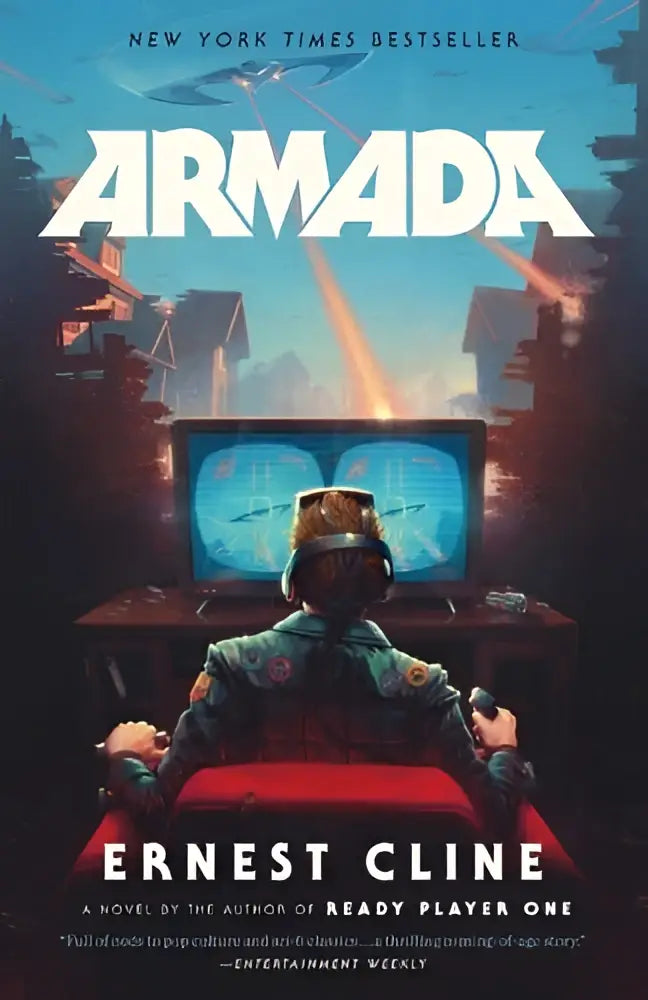 De cover van het boek armada van ernest cline toont een futuristische piloot in groen zwart pantser voor blauw verlichte schermen ready player one