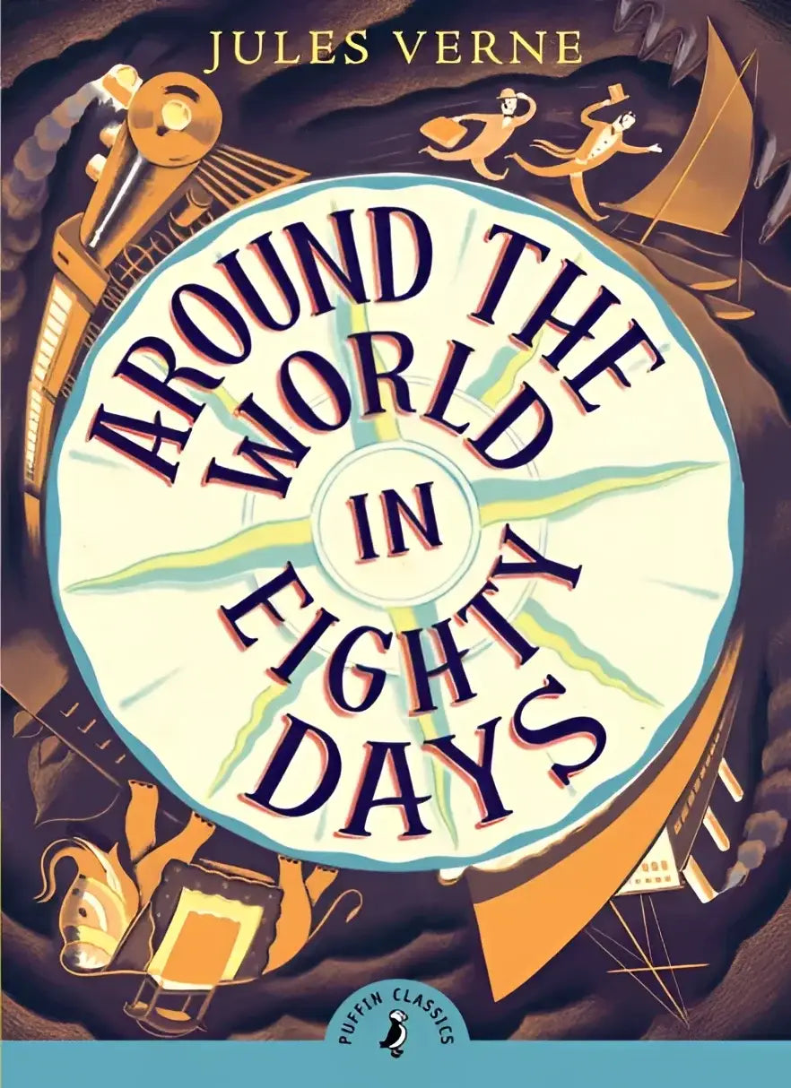 De omslag van het boek around the world in eighty days door jules verne met een cirkelvormig ontwerp en opvallende illustraties