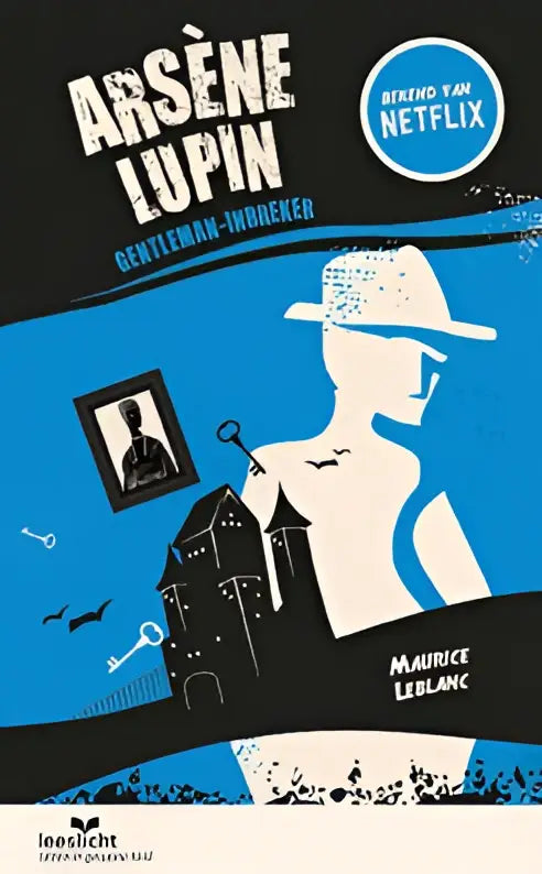 Blauw-wit geïllustreerde boekomslag arsène lupin gentleman-inbreker met gestileerd silhouet en sleutels en vleermuizen