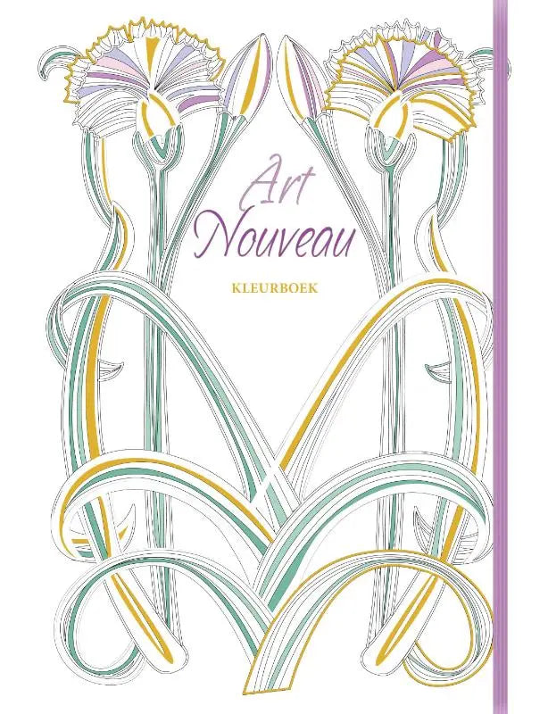 Art nouveau kleurboek met elegante bloemenillustraties in zachte pastelkleuren lavendel, mintgroen en goud