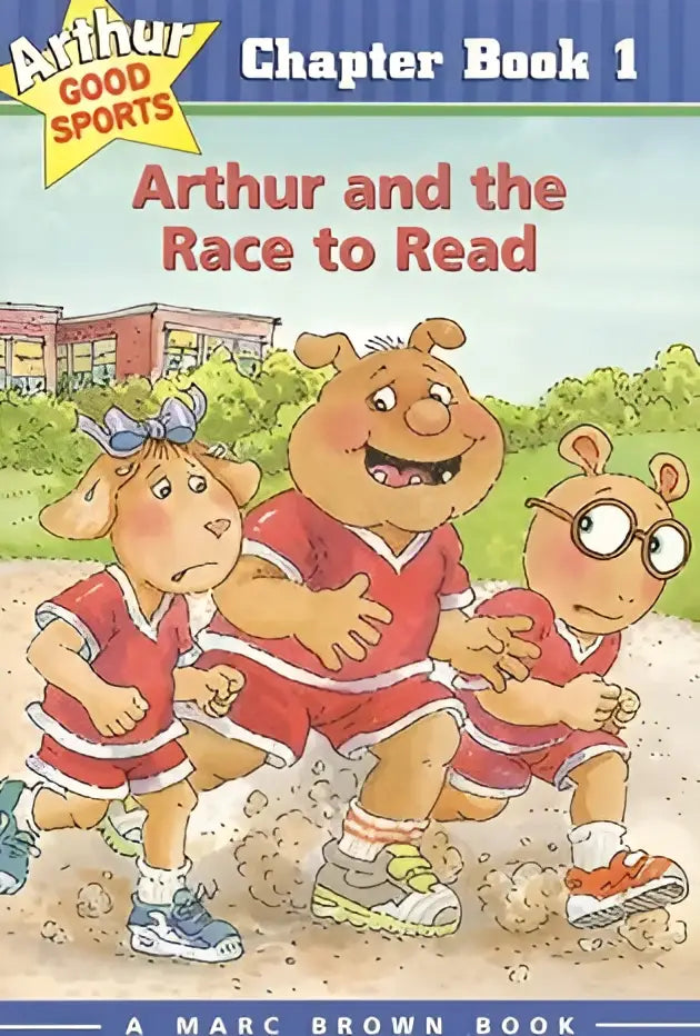 Illustratie van arthur en vrienden in rode uniformen rennend in kinderboek arthur and the race to read