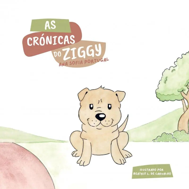 Een charmante cartoon puppy met lichtbruine vacht en vriendelijke uitstraling op de cover van as crónicas do ziggy voor jonge lezers
