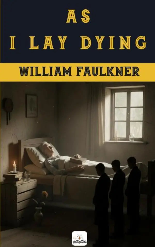 De cover van het boek as i lay dying van william faulkner toont een sombere scène met een oude man in bed en drie silhouetten