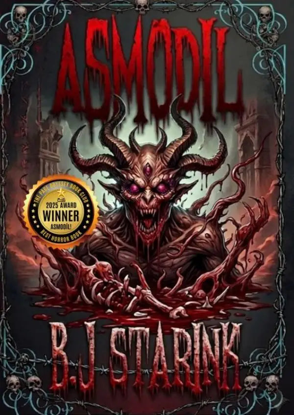 De boekcover van Asmodil toont een demonisch figuur met rood gloeiende ogen en bloedrode ranken tegen een gotische achtergrond