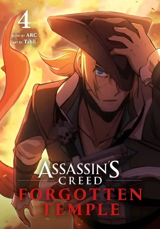 De cover van assassin’s creed forgotten temple volume 4 met een blonde man met blauwe ogen in een donkerbruine hoed en jas