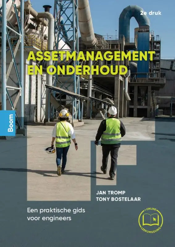 Boekcover van een hardcover praktische gids assetmanagement en onderhoud met gele tekst en ingenieurs in een fabriek