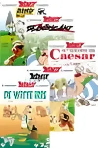 De asterix backlistpakket gallië bevat kleurrijke cartoonstijl snackverpakkingen met personages en Franse tekst