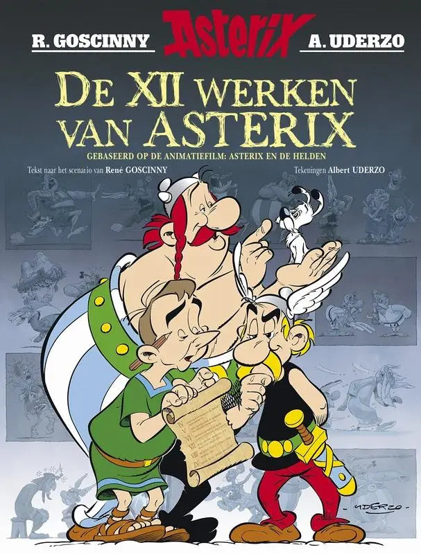 De cover van het geïllustreerd album asterix de xii werken met levendige cartoonillustraties en felle kleuren