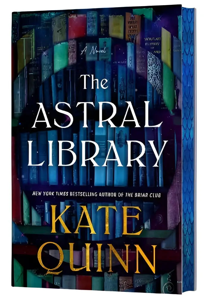The astral library deluxe limited edition hardcover novel by kate quinn with intricate dark blue and purple cover design