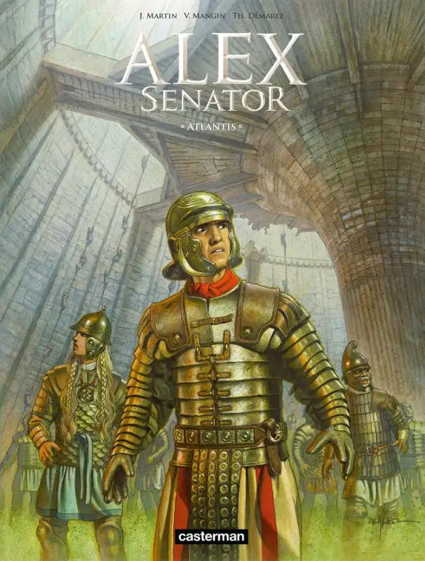 Illustratie van een goudkleurig, gedetailleerd romaans pantser gedragen door een figuur op de strips algemeen cover atlantis van jacques martin en valérie mangin
