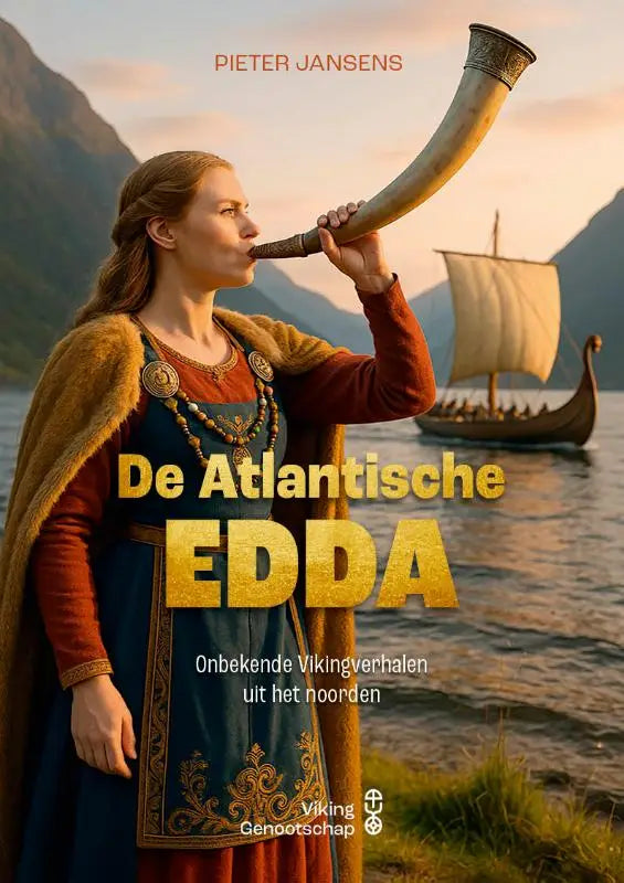 De atlantische edda boekcover met vrouw in vikingskleding die een goudversierde hoorn blaast voor onbekende vikingverhalen