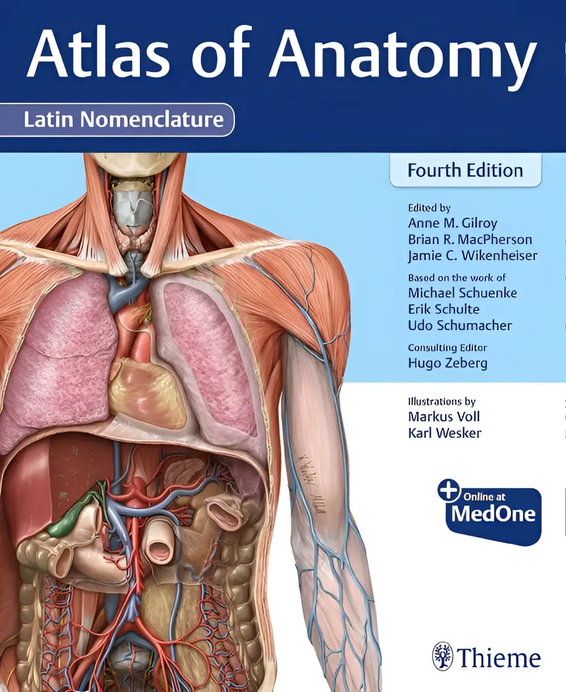De cover van atlas of anatomy vierde editie toont roze-rode longen met gedetailleerde anatomische illustraties en latin nomenclature