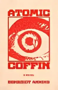 Rood en zwart logo van atomic coffin in een cirkelvormig ontwerp voor historische fictie merchandise