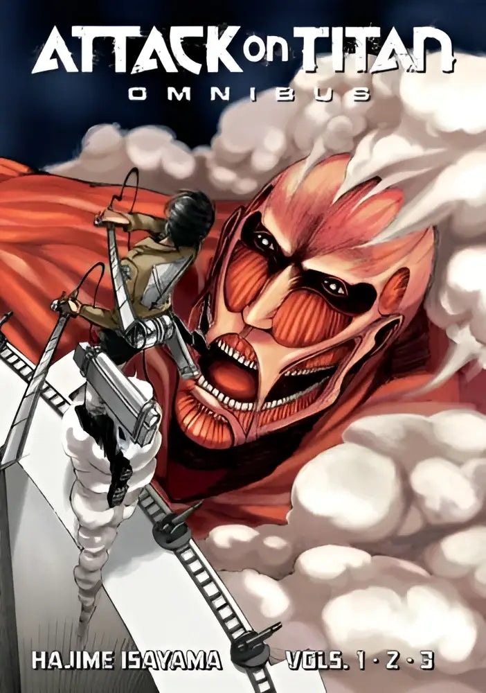 De cover van attack on titan omnibus 1 toont een gigantische rode titan met open mond die een ladder vasthoudt en een personage erbovenop