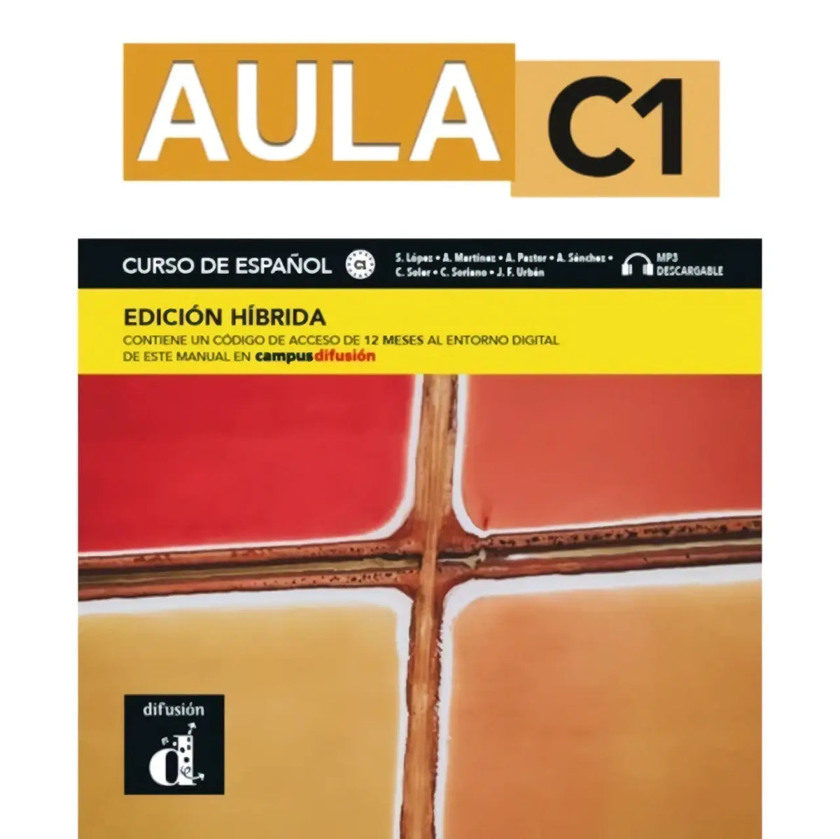 De cover van het aula c1 boek del alumno toont een modern ontwerp met oranje en zwarte tekst op rode tegels