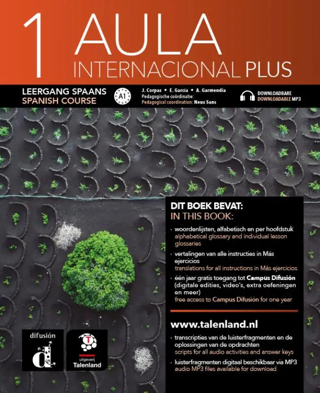 De cover van aula internacional plus 1 libro del alumno toont een groene boom in donkere ronde plantenbakken vanuit de lucht