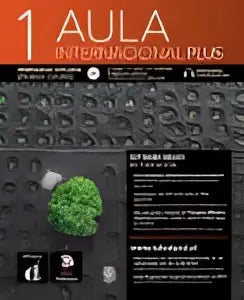 Zwarte textuur met wit tekst aula internacional plus 1 en kleine iconen op de achterkant van het boek aula internacional plus