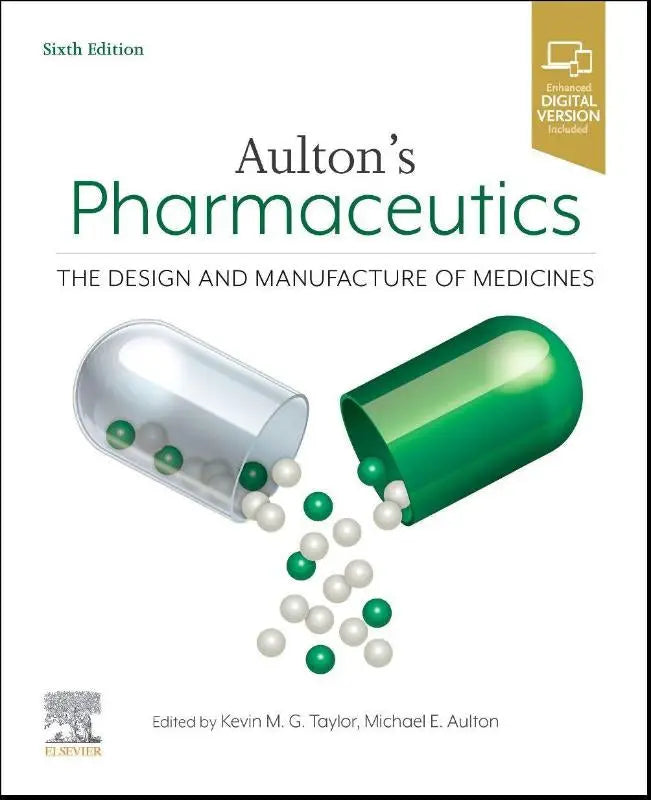 Aultons pharmaceutics sixth edition textbook with white cover showing split capsules revealing pills on drug delivery