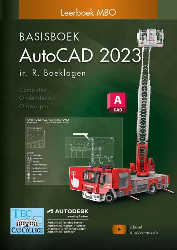 Rood en zilver brandweerwagenmodel met uitschuifbare ladder op cover van autocad 2023 leerboek autodesk autocad 2023 product