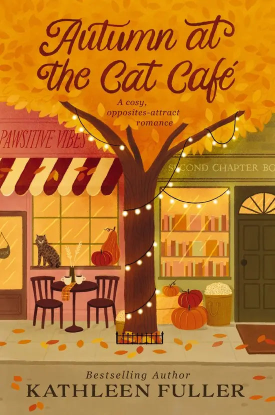 Herfstboek autumn at the cat cafe van thomas nelson publishers met oranje bruine tonen, pompoenen en een knusse cat cafe sfeer