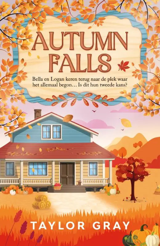 Een charmant blauw huis met een rood dak en witte details omgeven door herfstbladeren en pompoenen in autumn falls door taylor gray