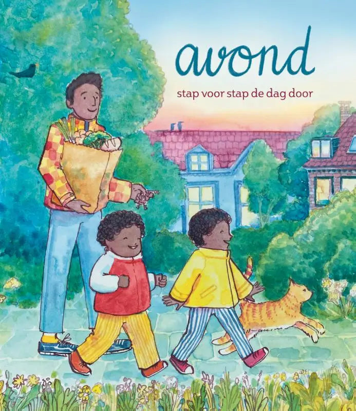 De cover van het kinderboek avond stap voor stap de dag door toont een aquarelillustratie voor jonge lezers