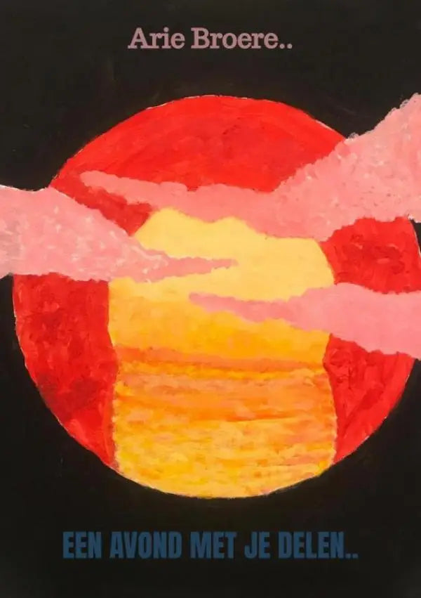 Een avond met je delen door arie broere handgeschilderde cirkelvormige zonsondergang met rode en gele tinten en roze handen